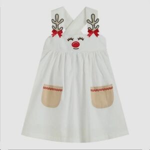 NEW Lil Cactus Adorable White Reindeer Cross Strap Pocket Kids Dress